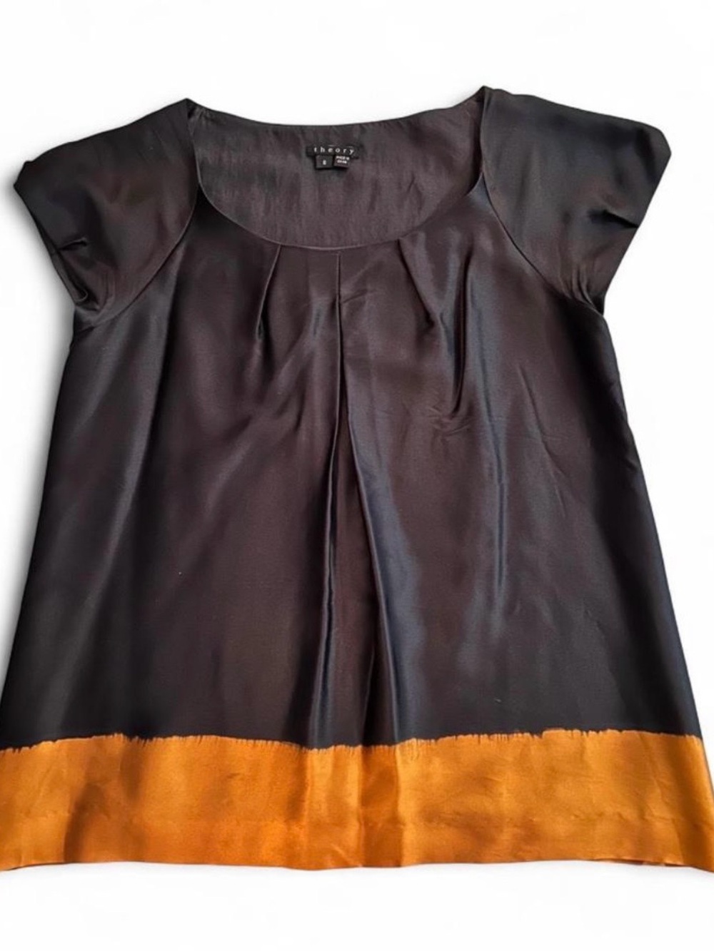 Theory Black Cap Sleeve Silk Blouse with Gold Hem Band